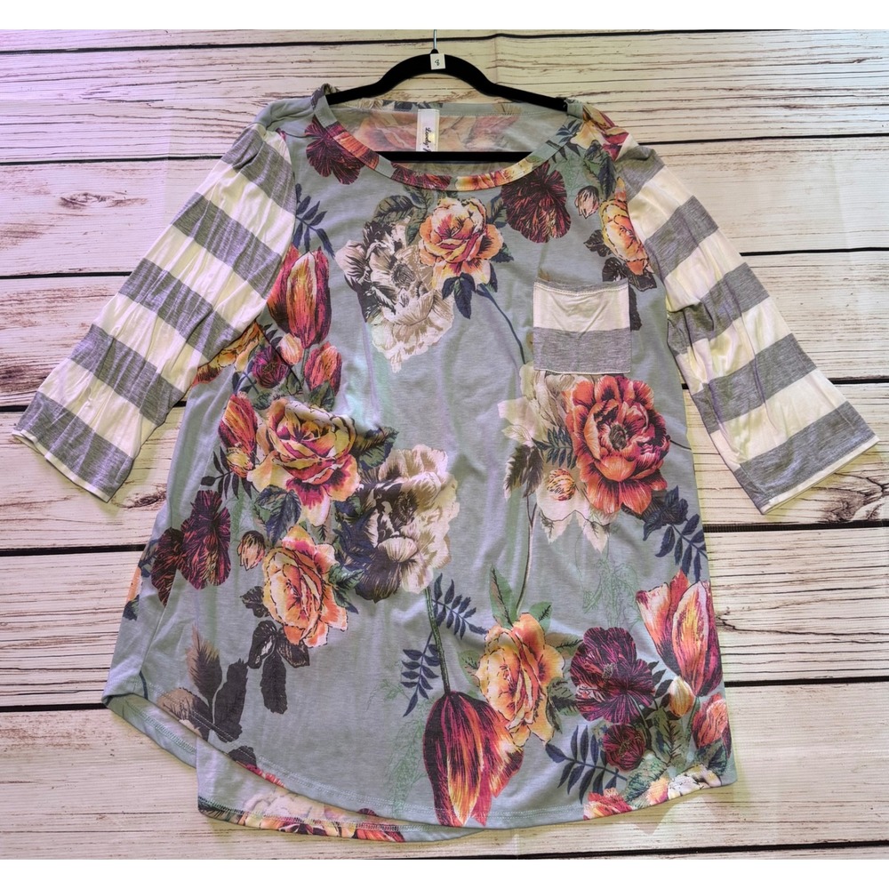 Lovely J Floral Stripe Mixed Media Top 3XL Sage Grey 3/4 Sleeve